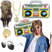 80s 90s Hip Hop Costume Kit Rapper Costume with Brown Mullet Wig Mirrored Pilot Glasses Inflatable Boom Box Gold Chain Gold Ring Novelty Fancy Dress Prop 80s 90s Rapper Accessories