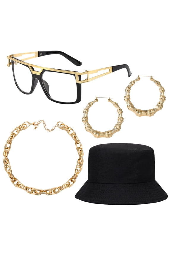 Halloween 80s/90s Hip Hop Costume Kit for Women & Men - Gold Chain, Bucket Hat, Retro Glasses, Hoop Earrings & Hip Hop Jewelry Set