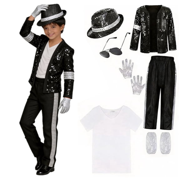 80s 90s Pop Star Costume.Pop Superstar Costume, Black Sequin Jacket with Pants, Halloween Cosplay Dance Stage Outfit