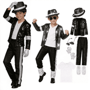80s 90s Pop Star Halloween Costume Set with Sequin Jacket, Trousers, Hat, Gloves, 7 Piece