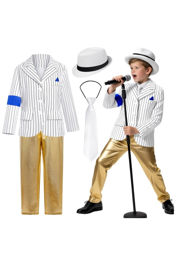 80s 90s Pop Star 𝐂ostume Set, Black Sequin Jacket, Trousers, Hat, Gloves, Retro Stage Outfit, 7 Piece Kids Fall Clothes for Boys