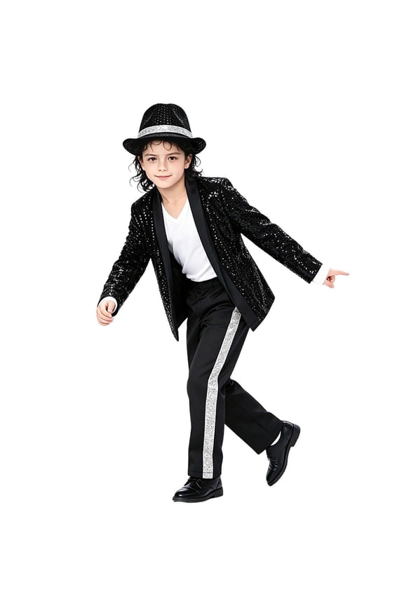 80s 90s Pop Star 𝐂ostume Set, Black Sequin Jacket, Trousers, Hat, Gloves, Retro Stage Outfit, 7 Piece Kids Sets Clothing