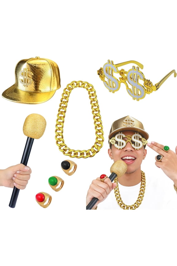 80s 90s Retro Hop Accessories Costume Set-Includes a Glitter Mic,Chain,Rings,Glitter Dollar Sign Glasses,Dollar Sign Hat for Halloween or Rapper-Themed Outfits