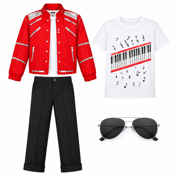 80s 90s Retro Stage Outfit for Halloween Costume 4 Piece ,Red Jacket, Tee & Pants,Sunglasses