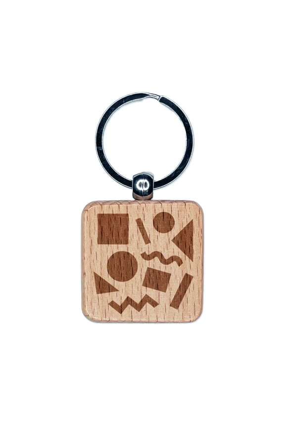 80s 90s Shapes Circle Square Squiggle Geometric Pattern Square Keychain Charm Tag - Engraved Wood