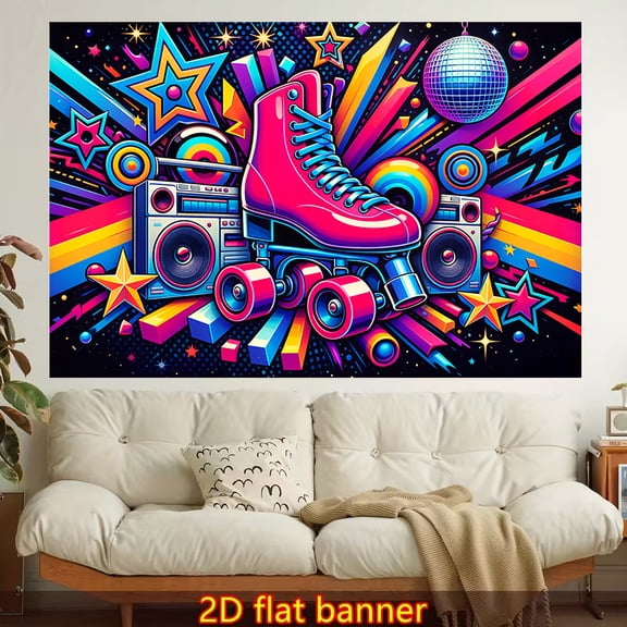 An 80s/90s retro disco-themed tapestry made of polyester fabriceasy to hang and suitable for decorating dorm rooms, bedrooms, parties, and outdoor spaces.