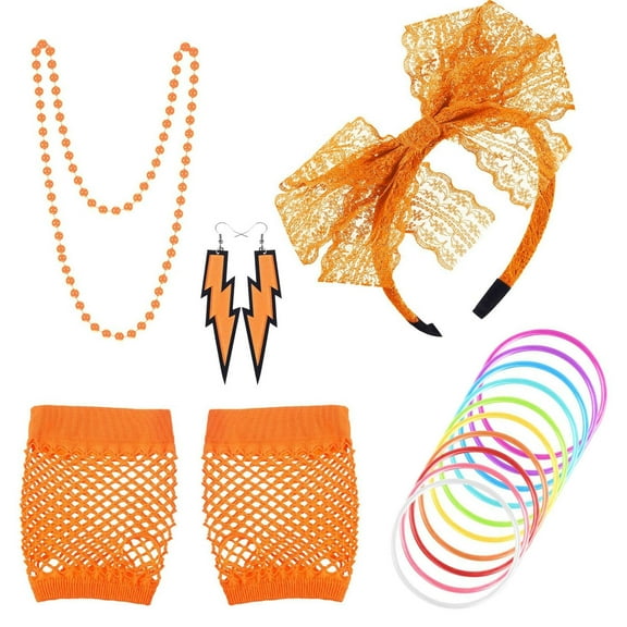 80s Accessories Lace Headband Earrings Fishnet Gloves Necklace Bracelet for 80s Retro Party Halloween Outfits