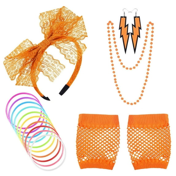 80s Accessories Set for Women Lace Headband Earrings Fishnet Gloves Necklace Bracelet Halloween