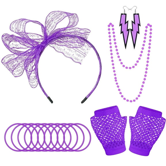 80s Accessories Set for Women Lace Headband Earrings Fishnet Gloves Necklace Bracelet Halloween