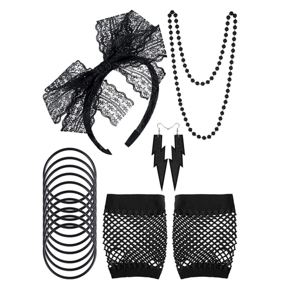80s Accessories Women Lace Headband Earrings Fishnet Gloves Necklace Bracelet