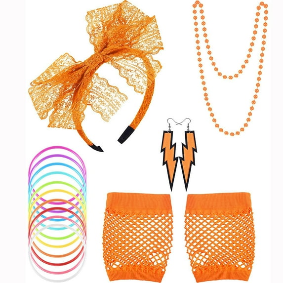 80s Accessories Women Lace Headband Earrings Fishnet Gloves Necklace Bracelet