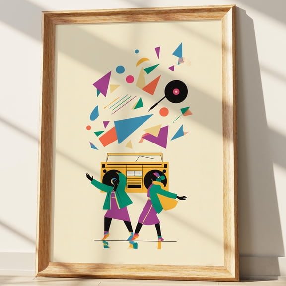 80s Boombox Art Print, Retro Music Wall Art, Dancing Figures, Vibrant Geometric Shapes, Nostalgic 90s Pop Culture Decor Poster , Poster Print Only