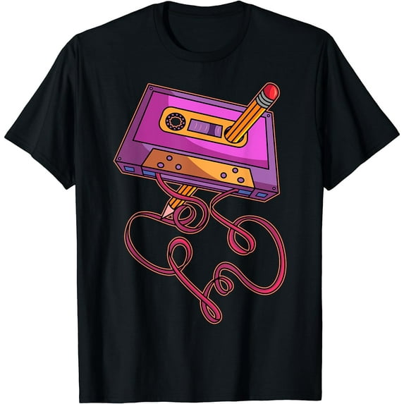 80s Cassette Tape Pencil 1980s Retro Vintage Throwback Music Short Sleeve T-Shirt Black X-Large