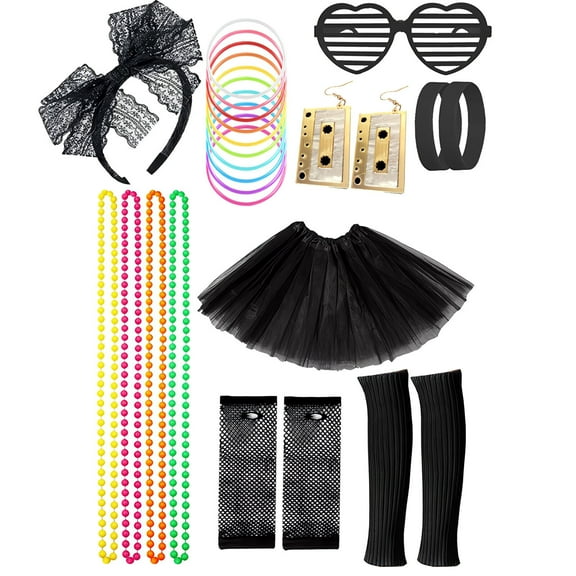 80s Costume Accessories Set for Halloween Women Tutu Skirts Necklace Leg Warmers Fishnet Gloves Bracelet Set(Black)