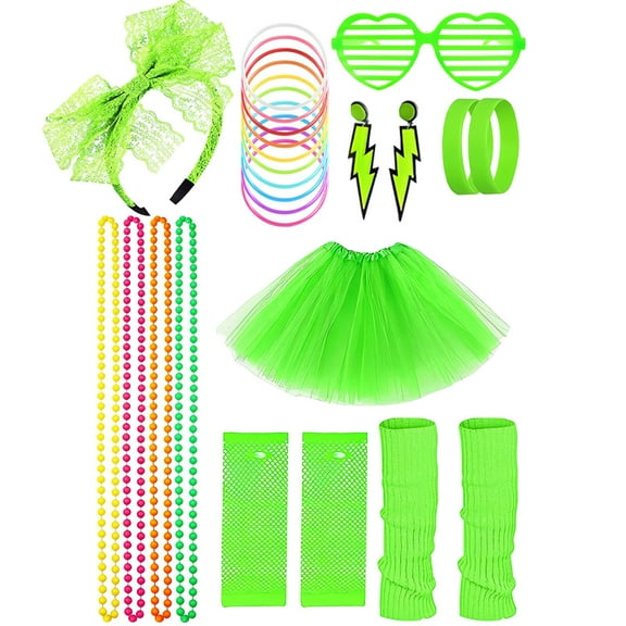 80s Costume Accessories Set for Halloween Women Tutu Skirts Necklace Leg Warmers Fishnet Gloves Bracelet Set(Green)