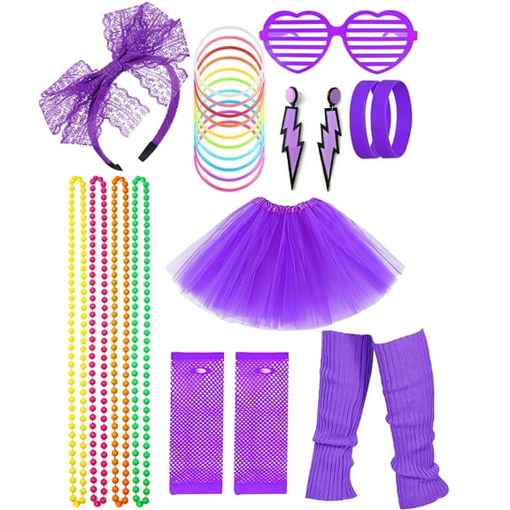 80s Costume Accessories Set for Halloween Women Tutu Skirts Necklace Leg Warmers Fishnet Gloves Bracelet Set(Purple)