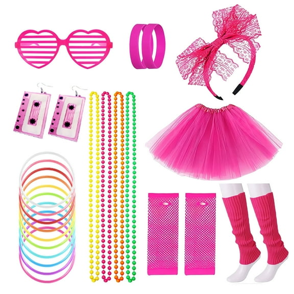 80s Costume Accessories Set for Halloween Women Tutu Skirts Necklace Leg Warmers Fishnet Gloves Bracelet Set(Rose Red)