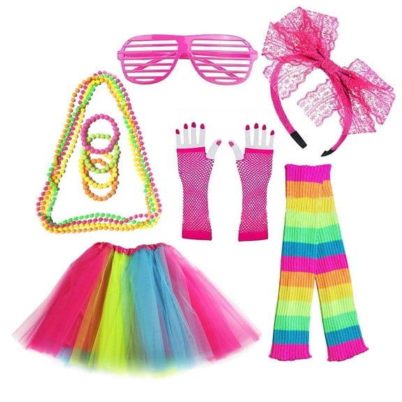 80s Costume Accessories Set for Women, 80s Fancy Dress Outfits with Tutu Leg Glove Necklace Headband Earring Glasses