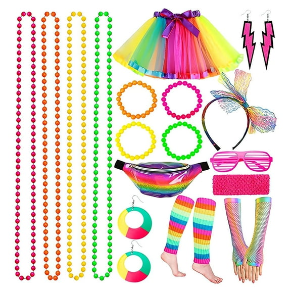 80s Costume Accessories Set for Women Waist Bags Rainbow Tutu Skirt Halloween 1980s Outfit