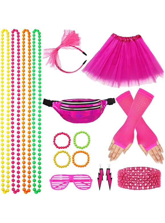 80s Costume Accessories for Women, 17Pcs 80s Retro Party Dress with Net Yarn Skirt, Fanny Pack, Fingerless Fishnet Gloves, Necklace, Bracelet, Earring, Party Accessories For Women