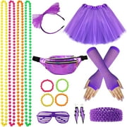 80s Costume Accessories for Women, 17Pcs 80s Retro Party Dress with Net Yarn Skirt, Fanny Pack, Fingerless Fishnet Gloves, Necklace, Bracelet, Earring, Party Accessories For Women