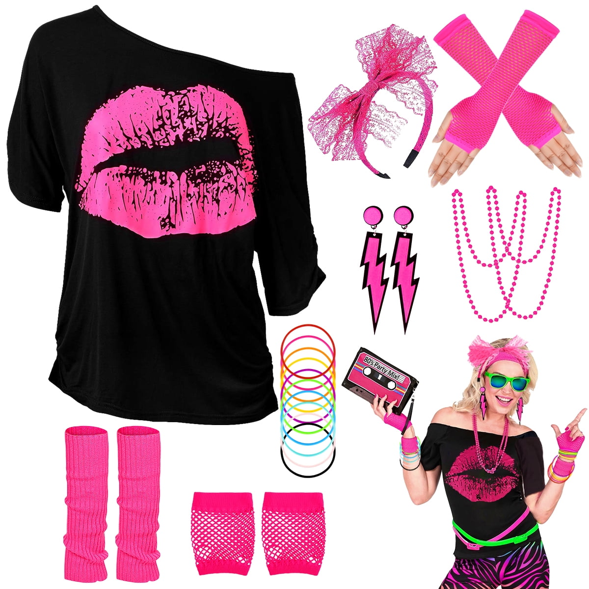 Girls 80s Costumes Accessories Set Neon Leg Warmer 70s Fancy Outfit Fishnet  Gloves Lace Headband Earrings Necklace Bracelet Disco Cosplay Retro Party