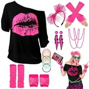 80s Costume for Women,80s Off Shoulder T-Shirt Headband Earring Necklace Fishnet Gloves Legwarmers for Women 80s outfit for 80s Party 22PCS