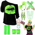 thumbnail image 1 of 80s Costume for Women,80's Off Shoulder T-Shirt Headband Earring Necklace Fishnet Gloves Legwarmers for Women 80s outfit for 80s Party 22PCS, 1 of 7