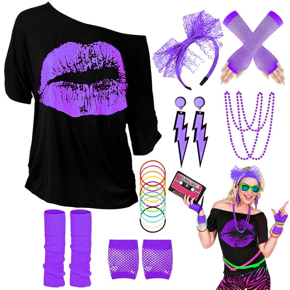 80s Costume for Women,80's Off Shoulder T-Shirt Headband Earring Necklace Fishnet Gloves Legwarmers for Women 80s outfit for 80s Party 22PCS