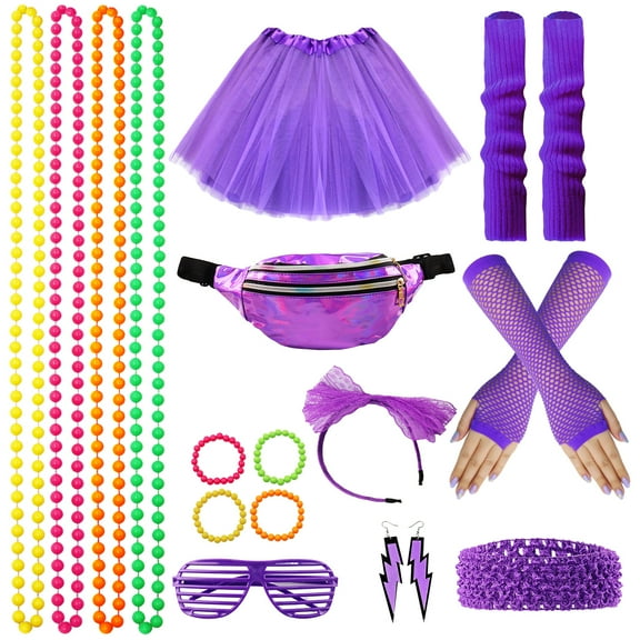 80s Costume Accessories for Women, 80s Party Dress with Net Yarn Skirt, Fanny Pack, Fingerless Fishnet Gloves, Necklace, Bracelet, Earring,Leg warmming for Women,80S Outfit Party Accessories