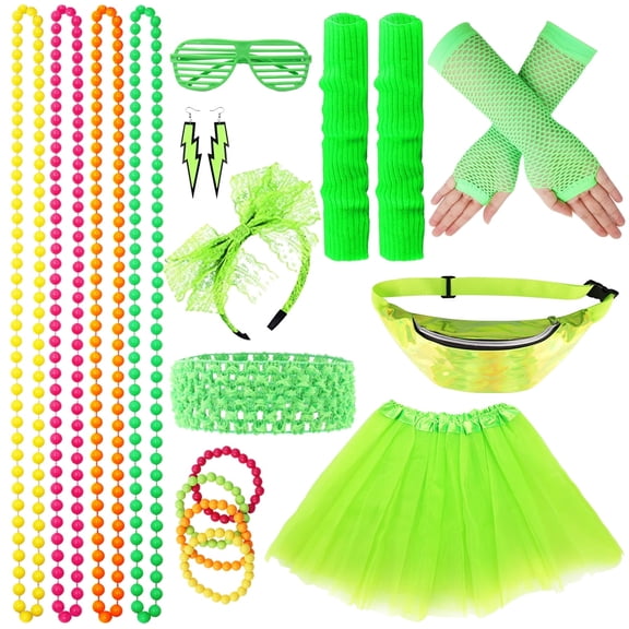 80s Costume Accessories for Women, 80s Party Dress with Net Yarn Skirt, Fanny Pack, Fingerless Fishnet Gloves, Necklace, Bracelet, Earring,Leg warmming for Women,80S Outfit Party Accessories