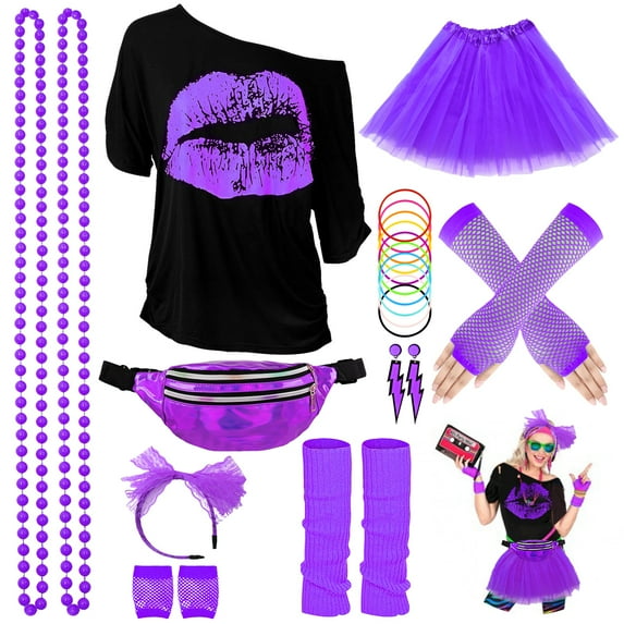 80s Costume Accessories for Women, T-Shirt Tutu Fanny Pack Headband Earring Necklace Fishnet Gloves Legwarmers Party Accessories For Women