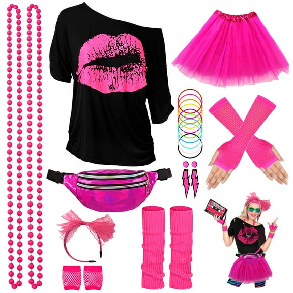 80s Costume Accessories for Women, T-Shirt Tutu Fanny Pack Headband Earring Necklace Fishnet Gloves Legwarmers Party Accessories For Women
