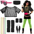 thumbnail image 1 of 80s Costume for Women Mesh T-Shirt Leg Warmers Headband Wristbands Earrings Necklace and Sunglasses for 80s Costumes Carnival Christmas Halloween Black, 1 of 7