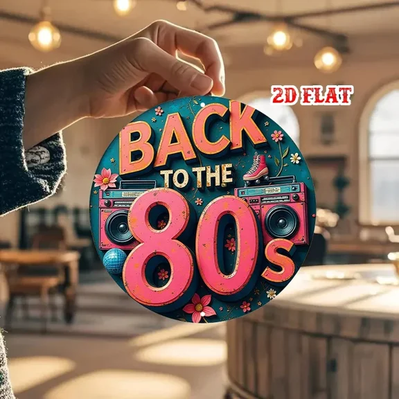 80s Disco Ball Round Aluminum Sign 2D Flat - Vintage "Back to the 80s" Design (Pink & Blue Retro), Ideal for Home/Garage