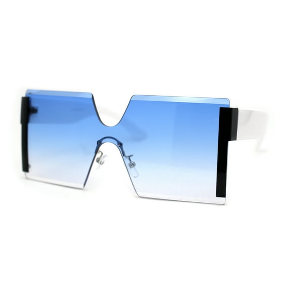 80s' Geometric Square Shield Rimless Sunglasses Black White Blue