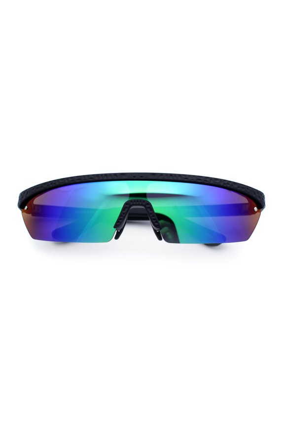 80s Half Rim Narrow Rectangle Shield Retro Plastic Sport Plastic Sunglasses Black - Teal Mirror