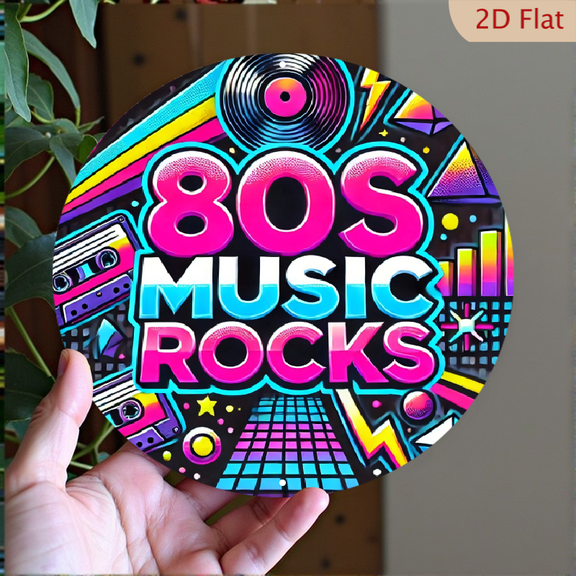 80s Music Rocks Retro Aluminum Wall Art, Vibrant Synthwave Aesthetic Circular Metal Sign for Home Decor, 8 x 8 Inch Neon Musical Wall Decor for Music Lovers