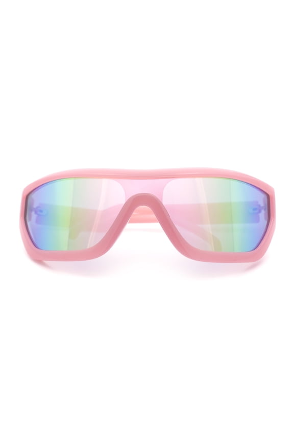 80s Narrow Rectangle Sport Monoblock Shield Plastic Sunglasses Pink - Rainbow Mirror