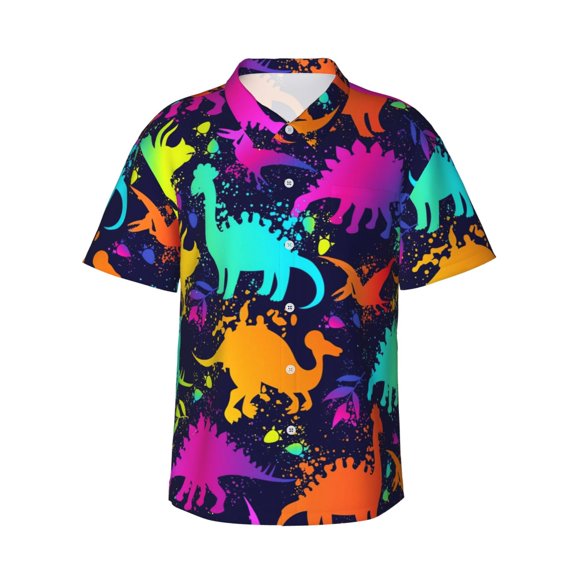 80s Neon Dinosaurs Men'S 3d Print Casual Button Down Shirts, Novelty Hawaiian Short Sleeves 2xl