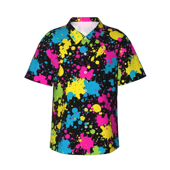 80s Neon Splash Men'S 3d Print Casual Button Down Shirts, Novelty Hawaiian Short Sleeves L