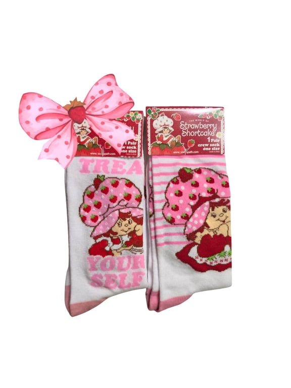 80s Nostalgia Strawberry Shortcake Novelty Crew Socks, Unisex Women's 9-14 | 2 Pairs