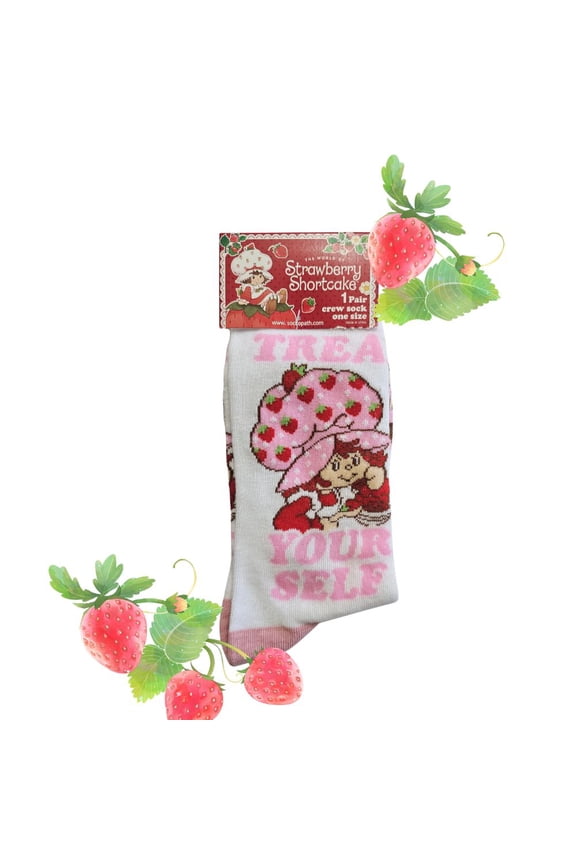 80s Nostalgia Strawberry Shortcake Novelty Crew Socks, Unisex Women's 9-14 (Men's 8-12)