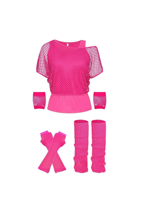 80s Off Shoulder Mesh Top Neon Graphic Tee For Women Retro Party