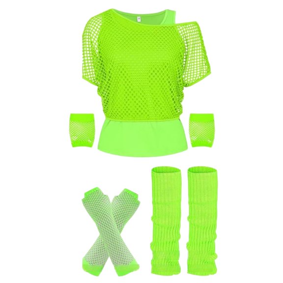 80s Off Shoulder Mesh Top Neon Graphic Tee For Women Retro Party