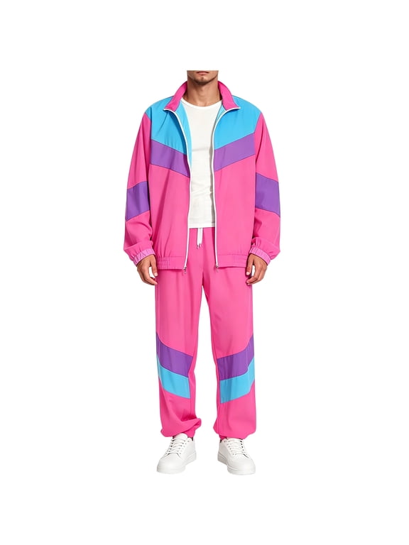80s Outfit for Men 90s Color Block Costumes 2 Piece Retro Long Sleeve Jacket & Jogger Set for Party Hip Hop Streetwear