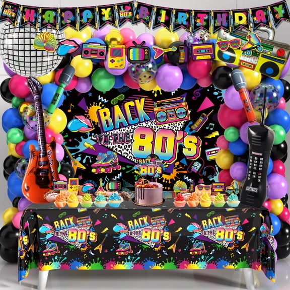 80s Party Decorations 90s Theme Birthday Party Decorations 80s Party Supplies with Back To The 80's Backdrop Tablecloth HAPPY BIRTHDAY Bannner Radio Boombox and Mobile Phone Balloon Arch Kit A101