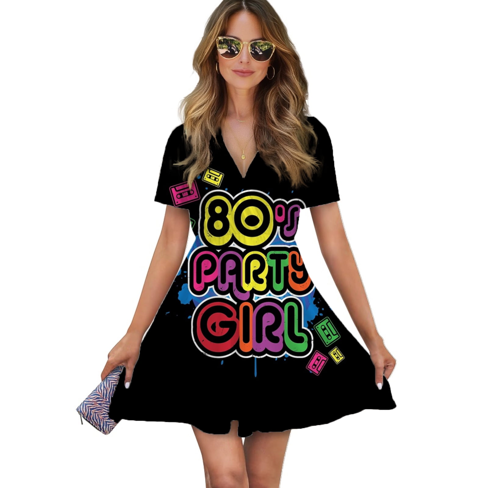 80s Party Girl T-shirt  Skirt Costume Full Set 1980s Dance Fancy Dress - Foto 3
