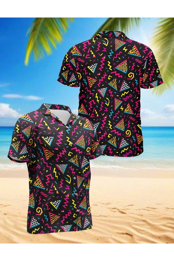 80s Pattern Hawaiian Shirt for Men, Vintage Style, Button Down Summer Beach Short Sleeve, S-5XL