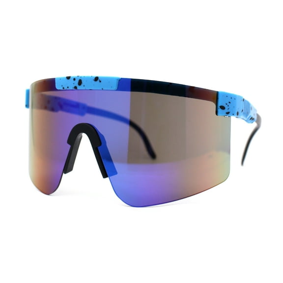 80s Pop Paint Splatter Rimless Half Rim Oversize Sport Plastic Sunglasses Blue Mirror